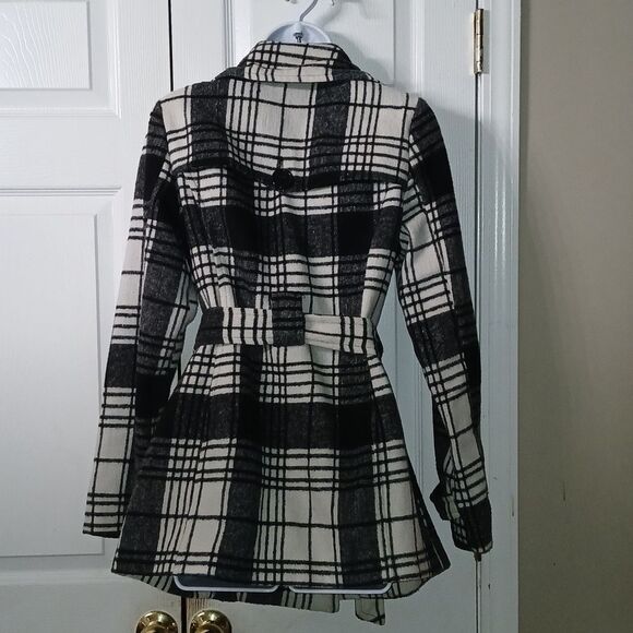 Jou Jou  black white plaid stylish wool blend pea coat  Sz S EUC - Picture 4 of 7